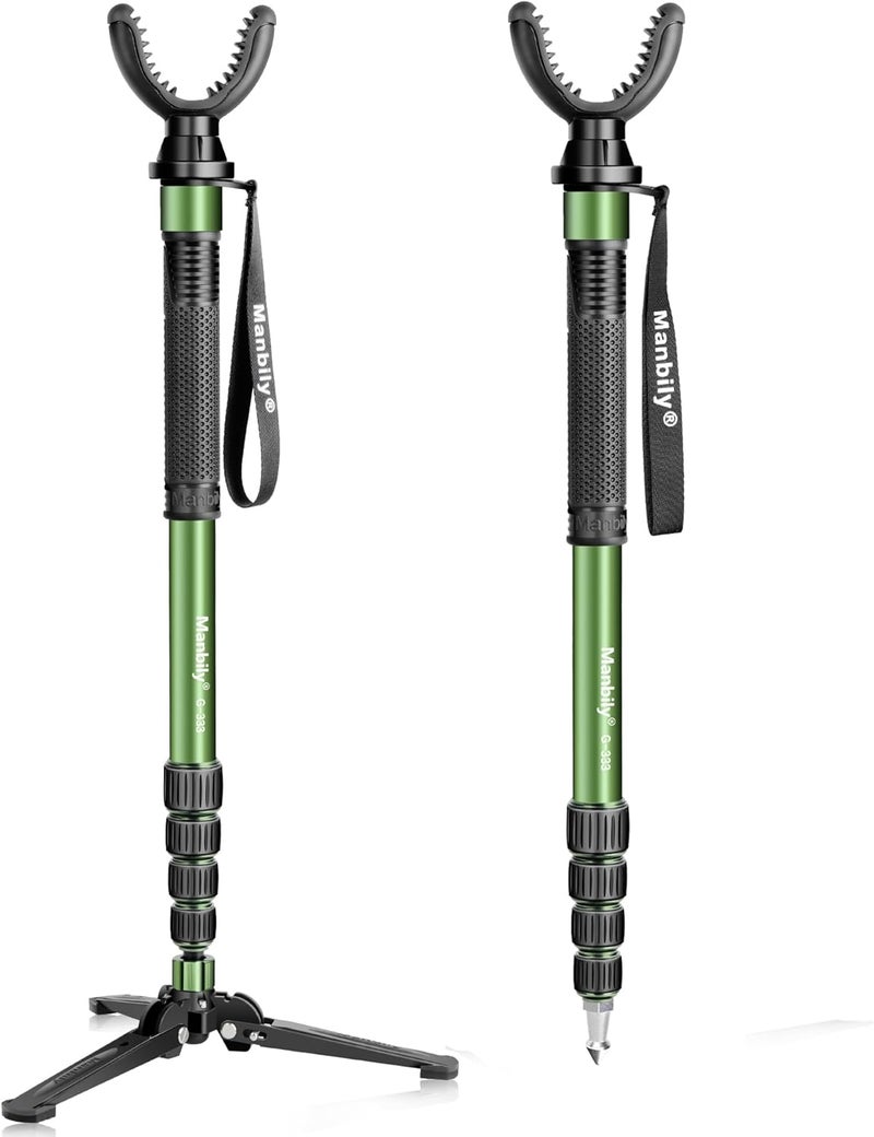 Manbily Shooting Stick Monopod with Tri-Stand Tripod Base, with Rotating and Removeable U-Shaped Yoke for Hunting, Shooting, and Outdoors-Green (G-333) - Image 1